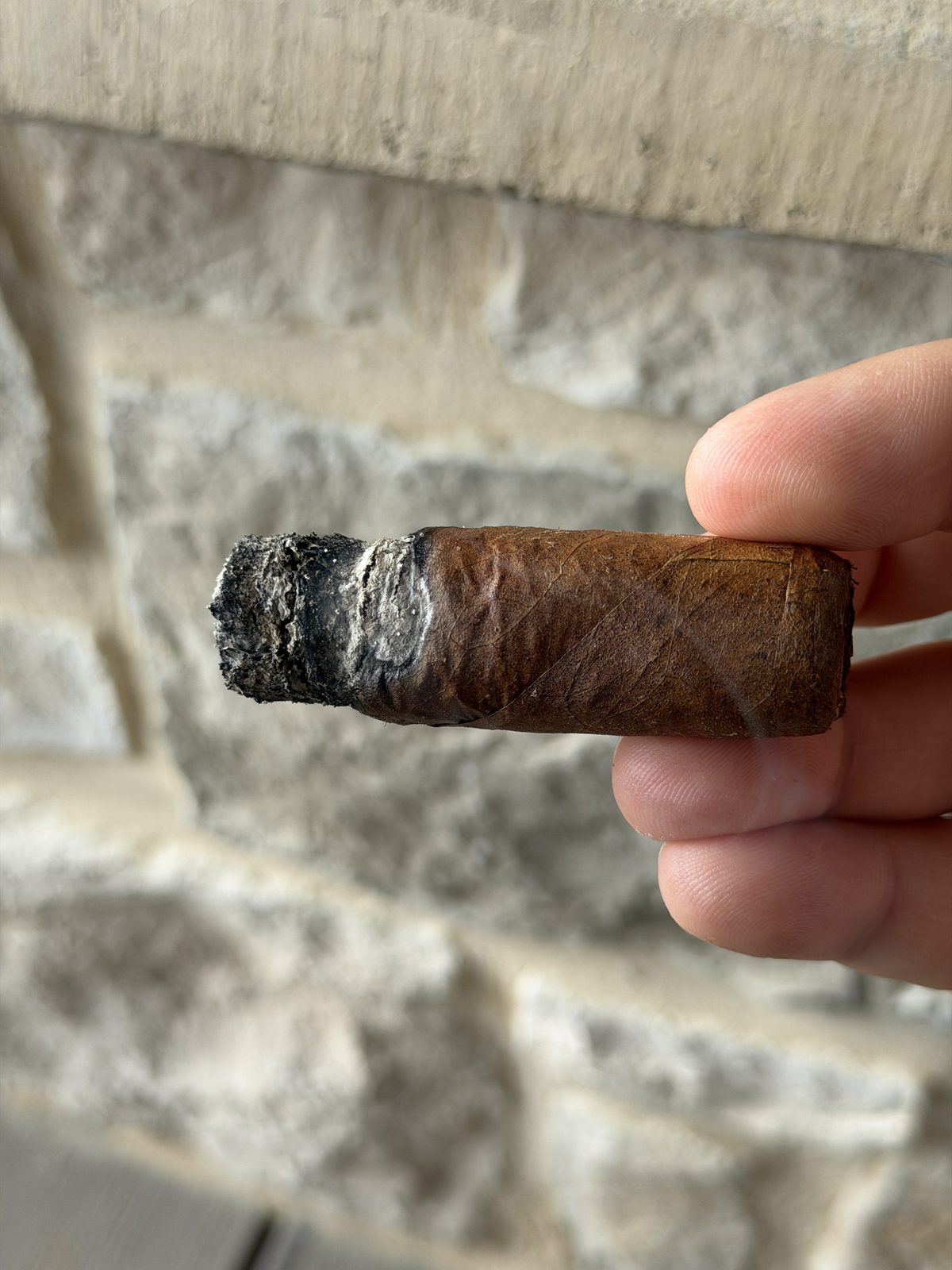 The Flor de las Antillas smoked down to a nub held in fingers, uneven ash, roughly a half inch left