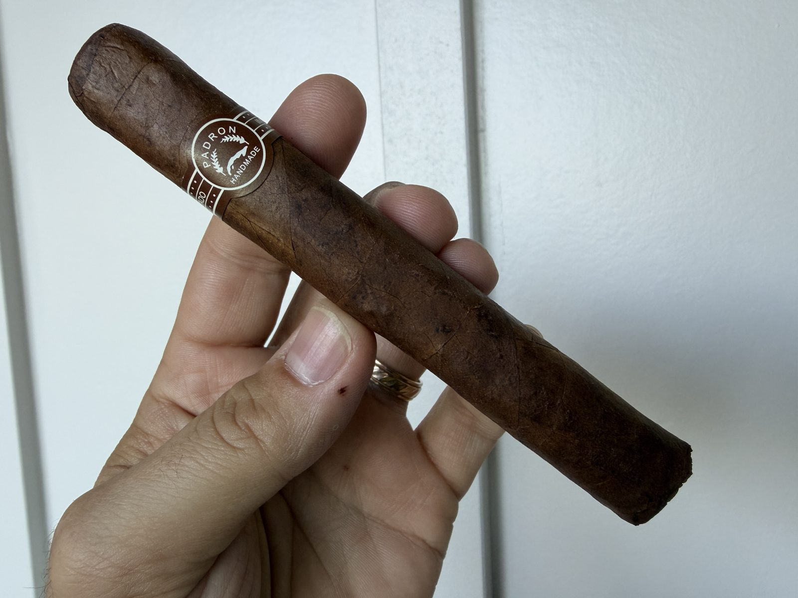 Padrón 2000 Series Maduro Robusto held in hand before lighting, dark rustic bumpy maduro wrapper with the silver Padrón band
