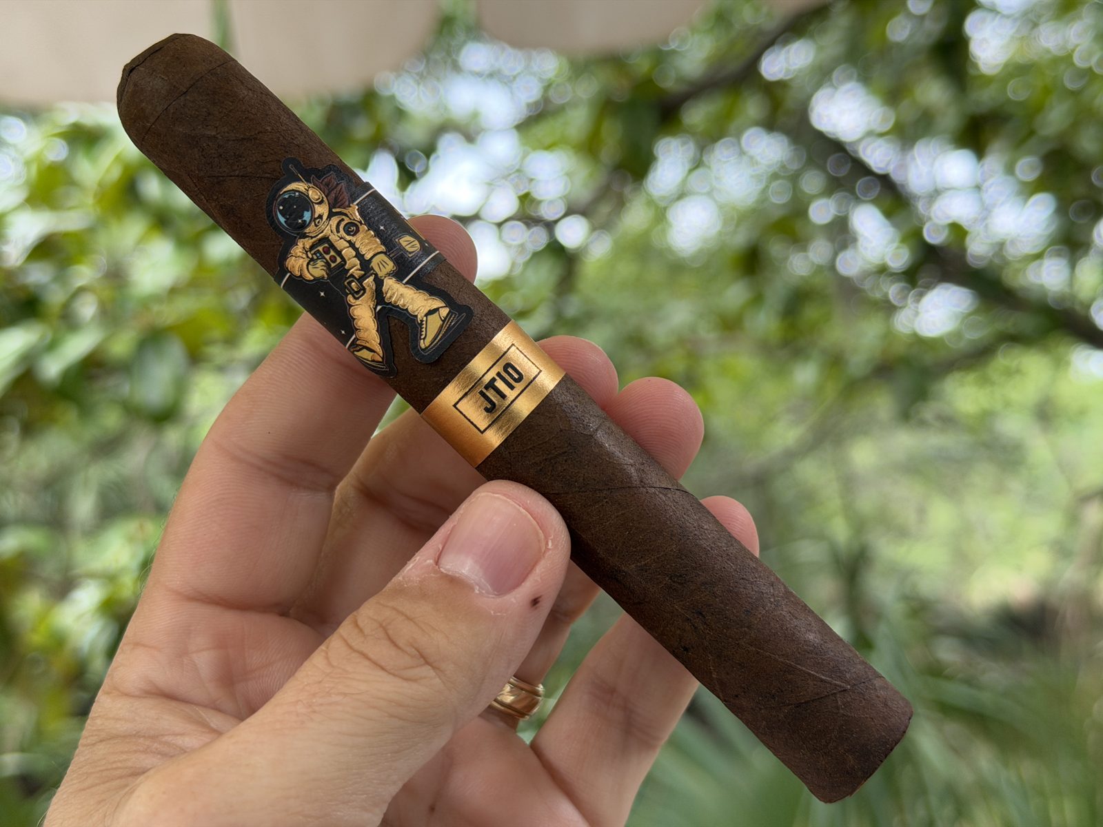 Room101 Johnny Tobacconaut JT10 toro held in hand before lighting, dark wrapper with the gold astronaut band and JT10 foot band